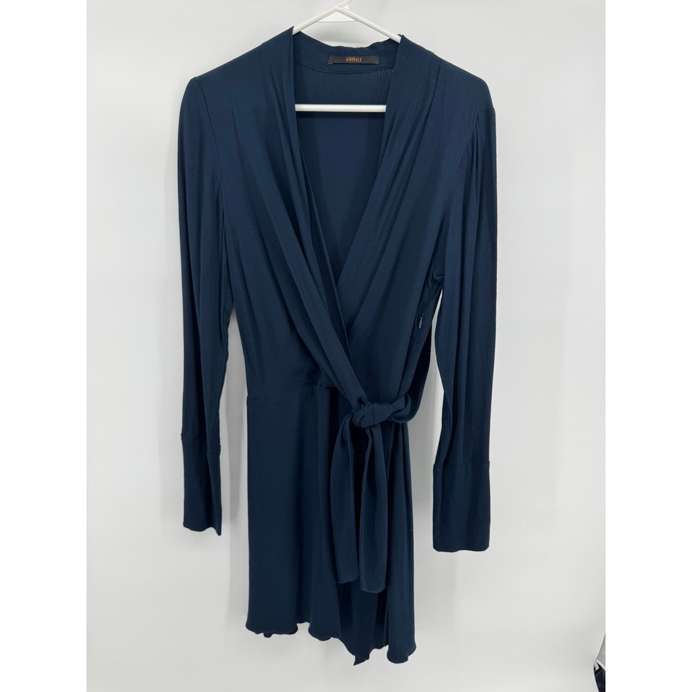 Animale Navy Blue Wrap Mini Dress Long Sleeve V-Neck Tie Waist Size 36
